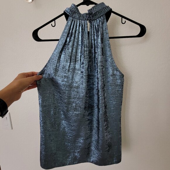 WHBM Halter Pleated Shell Top Blue Metallic 0 - Picture 7 of 10